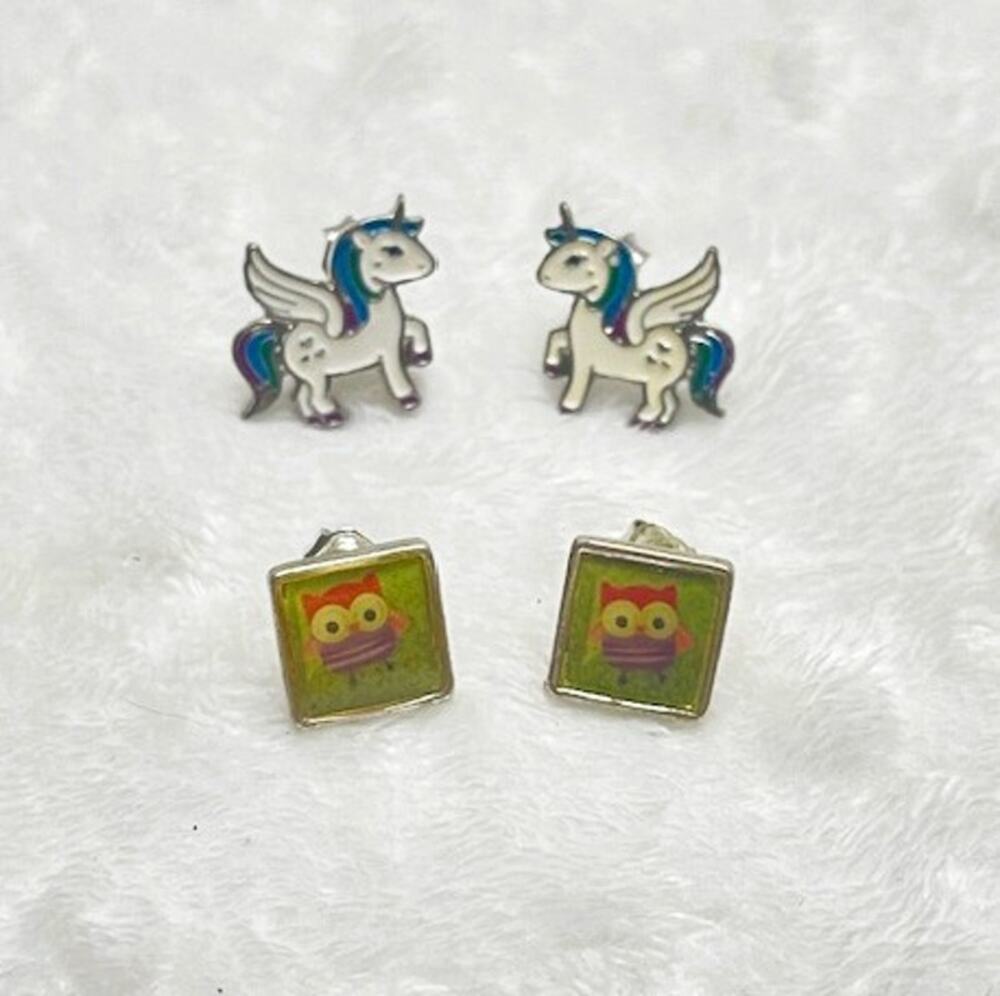 Children's 2 Pair Set, Stainless Steel Backings, Pegasus Unicorn, Owl Earrings